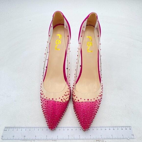 FSJ Fuchsia Studded Pointed Toe Transparent Pumps High Heels Shoes - Picture 3 of 8